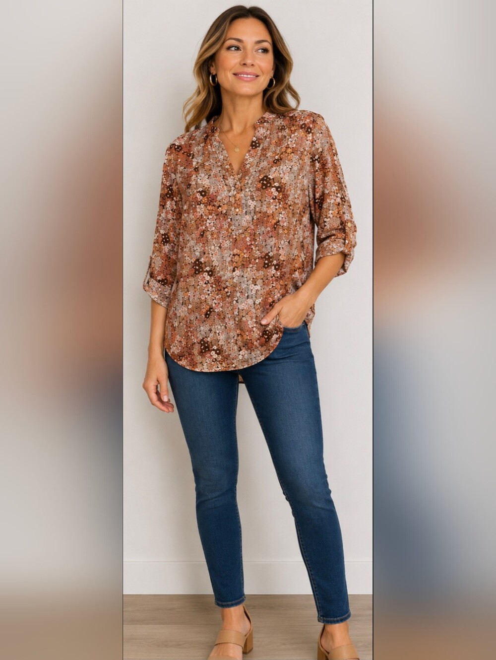 Roswear Brown Mandarin Collar Blouse 3/4 Sleeve Relaxed Fit Women’s XXL